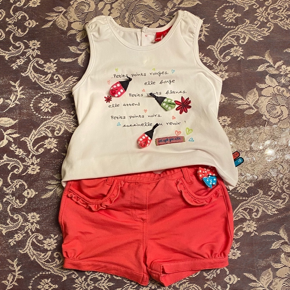 Chapeau Pointu, Girls Toddler Size 24 Mths, White Tank w/Pink short Matching set